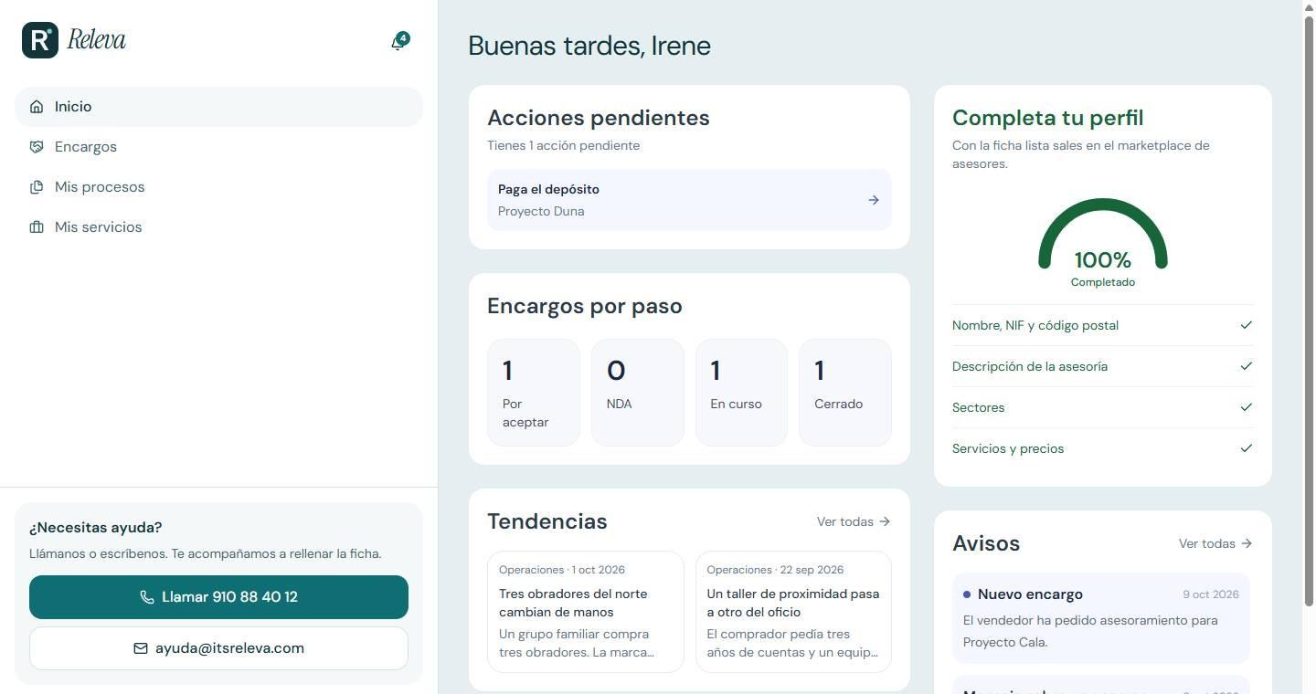 Inicio del asesor en Releva, con encargos y acciones pendientes